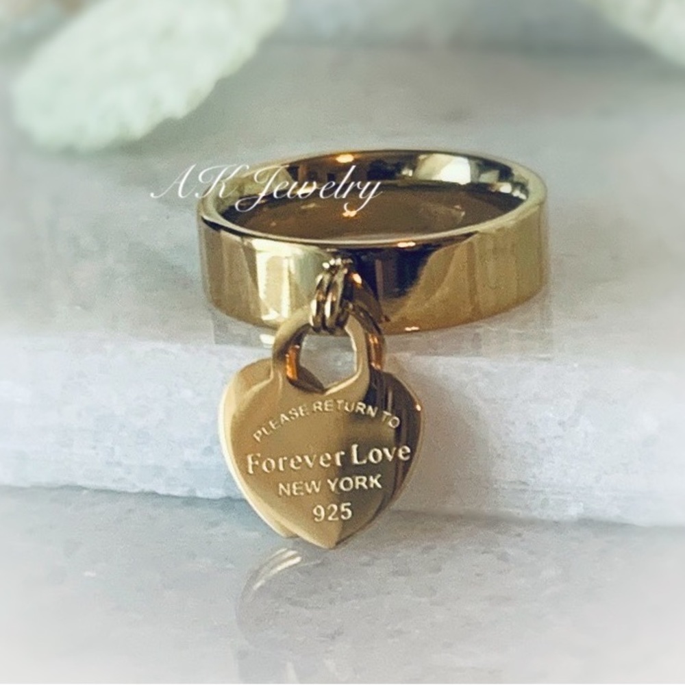đź’Ž18k Dangle Heart RING, Please Return to words, 2 Hearts - Picture 1 of 6